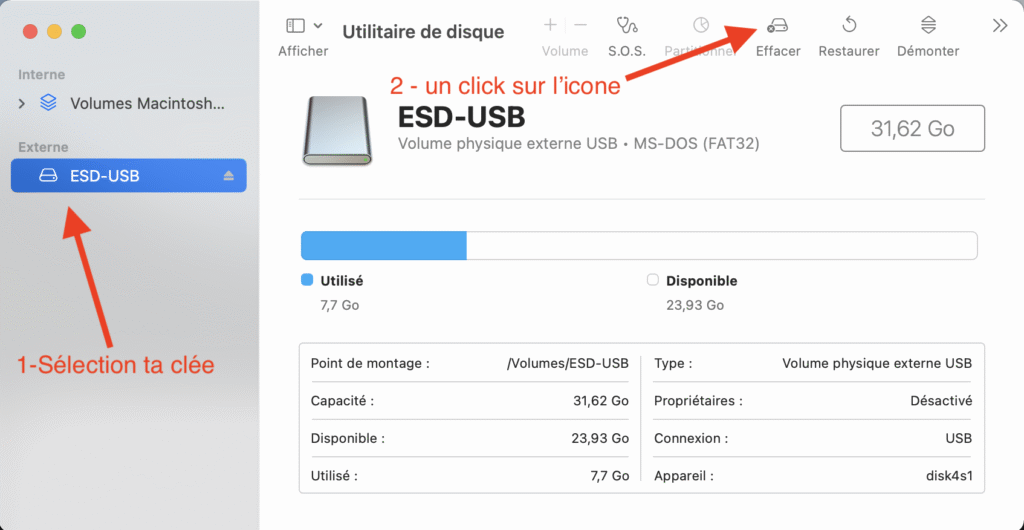 Disque dur externe non reconnu sur Mac connecté en USB, illustrant un périphérique non détecté par macOS