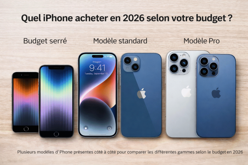 Quel iPhone acheter en 2026 selon votre budget ? Plusieurs modèles d’iPhone présentés côte à côte pour comparer les différentes gammes selon le budget en 2026