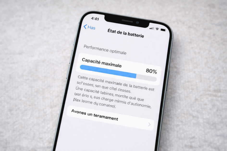 Batterie iPhone : quand faut-il la changer ? iPhone affichant l’état de santé de la batterie avec indicateur de capacité maximale sur un fond neutre.