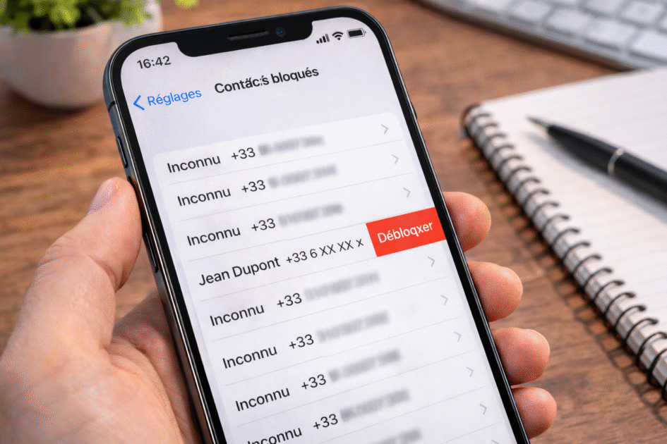 iPhone affichant liste des contacts bloqués avec option débloquer un numéro.