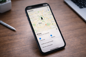 iPhone affichant application Localiser avec position d’un appareil sur une carte.