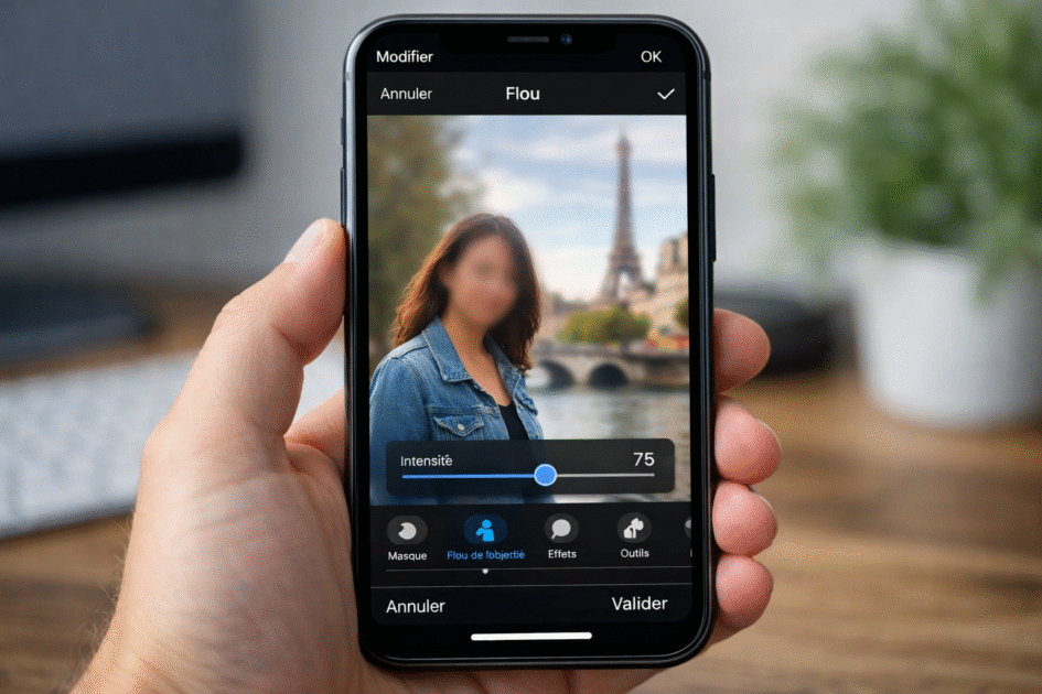 écran d’iPhone affichant une photo en cours de modification avec un effet de flou appliqué sur une partie de l’image.