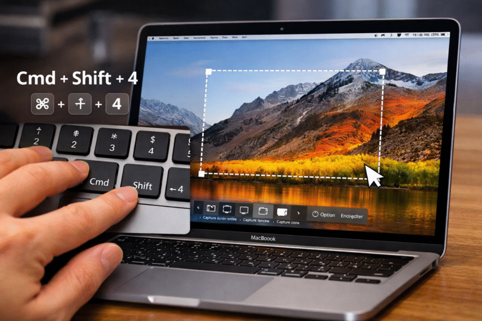 Utilisation des raccourcis pour faire une capture d’écran sur Mac avec sélection de zone.