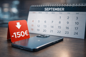 Quand le prix des nouveaux iPhone baisse-t-il ? iPhone avec étiquette de prix en baisse et calendrier indiquant la période de réduction.