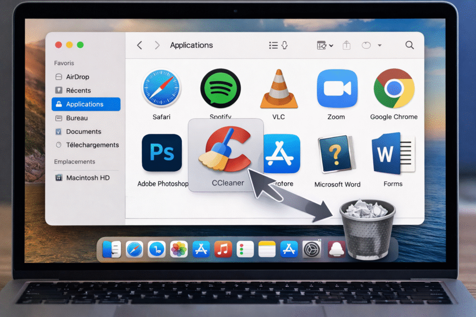 Suppression d’une application sur Mac en la déplaçant vers la corbeille depuis le Finder.