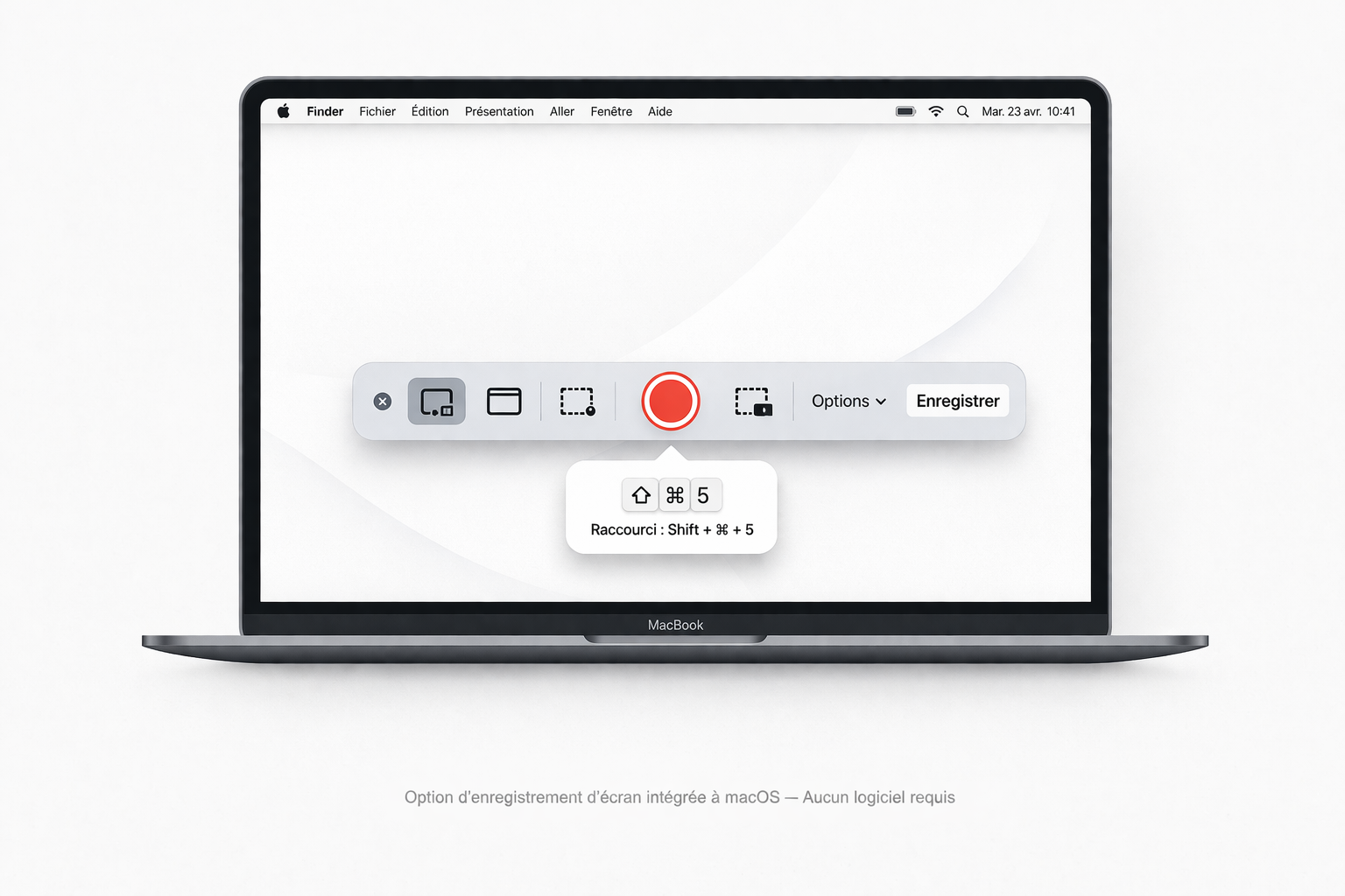 Barre d'outils d'enregistrement d'écran sur Mac avec le raccourci clavier affiché