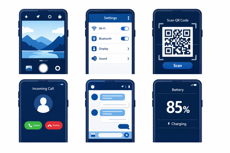 Guide de dépannage Samsung Galaxy avec plusieurs smartphones affichant différentes solutions