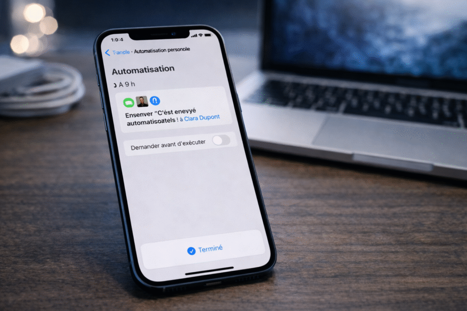 iPhone affichant automatisation d’envoi de message programmée dans l’application Raccourcis.