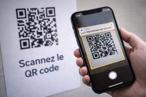 iPhone scannant un QR code affiché sur une affiche avec notification de détection.