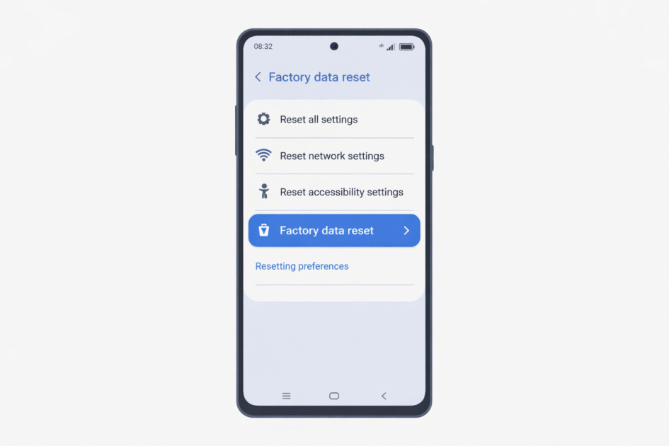Smartphone Samsung affichant le menu de réinitialisation Android