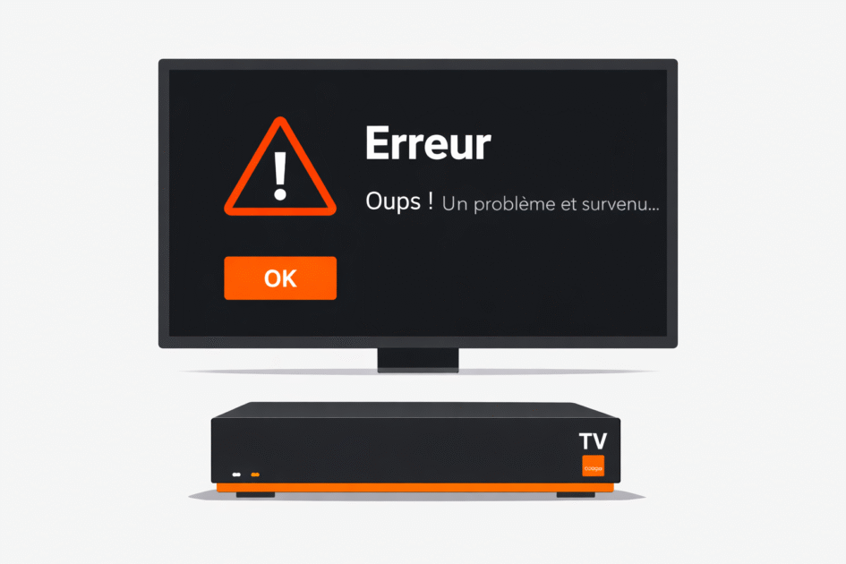 Décodeur TV Orange posé sous un téléviseur affichant un message d'erreur