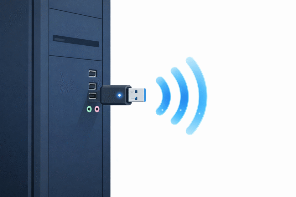 Tour de PC fixe avec une clé USB Wi-Fi branchée sur un port USB