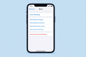 Écran iPhone affichant le menu de réinitialisation dans les réglages généraux