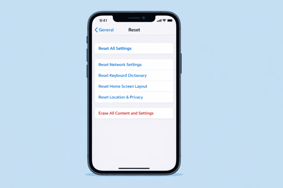 Écran iPhone affichant le menu de réinitialisation dans les réglages généraux