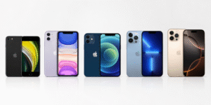 Image : comparer-iphones-quel-modele-choisir.webp ALT : Plusieurs modèles d'iPhone côte à côte sur une surface blanche