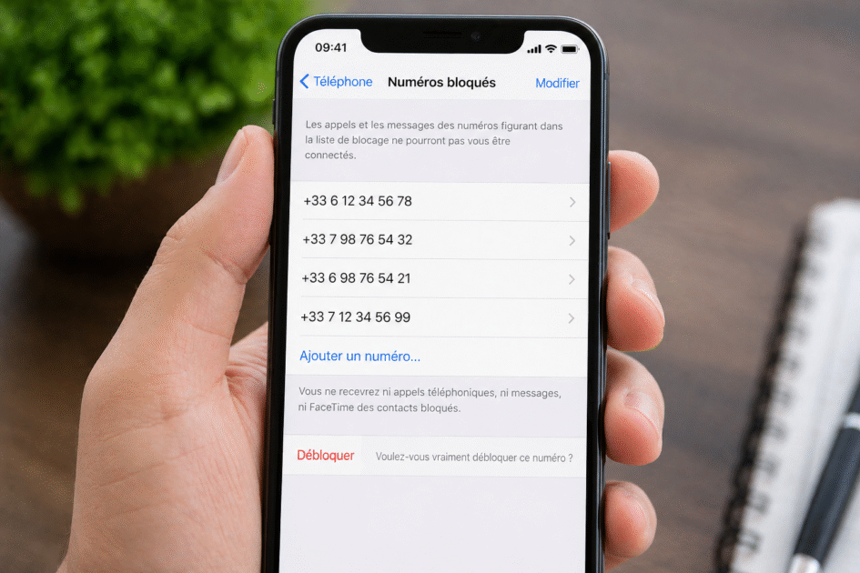Image : debloquer-numero-iphone-liste-numeros-bloques.webp ALT : Réglages iPhone affichant la liste des numéros bloqués avec option de déblocage