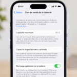 capacite-batterie-iphone-85-normal.webp ALT : Écran iPhone affichant l'état de santé de la batterie à 85 % dans les réglages