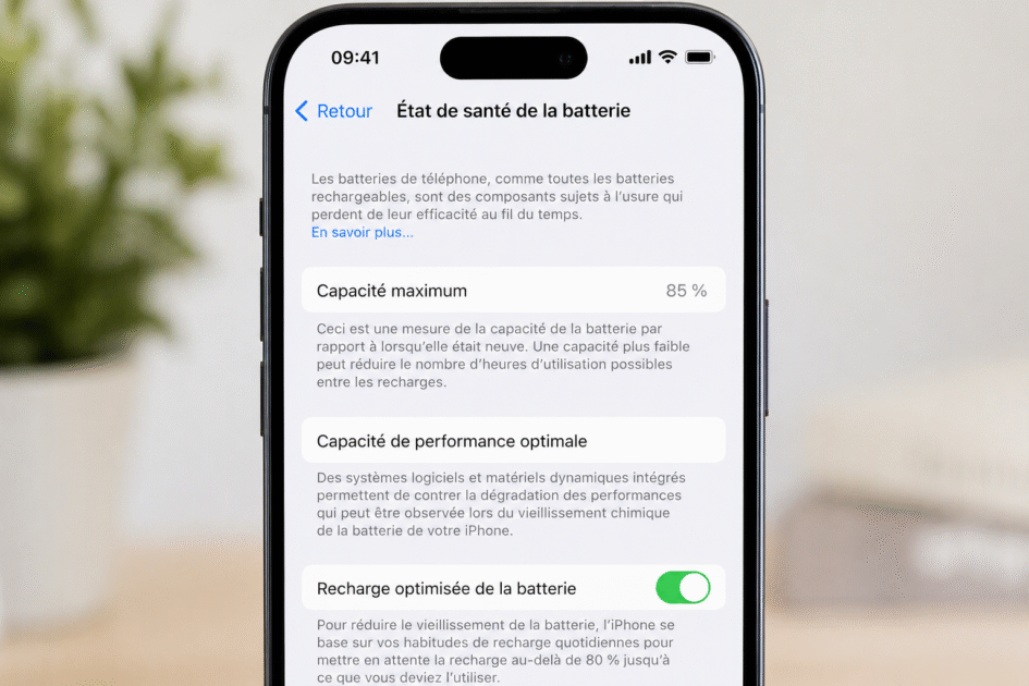capacite-batterie-iphone-85-normal.webp ALT : Écran iPhone affichant l'état de santé de la batterie à 85 % dans les réglages