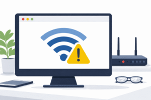 Écran d'ordinateur affichant une icône Wi-Fi avec point d'exclamation indiquant l'absence d'accès internet