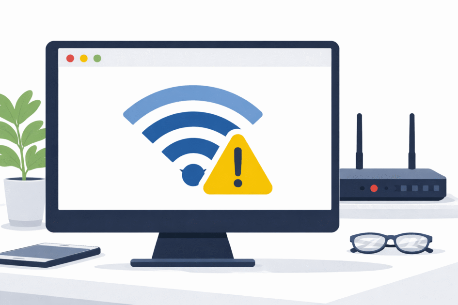 Écran d'ordinateur affichant une icône Wi-Fi avec point d'exclamation indiquant l'absence d'accès internet