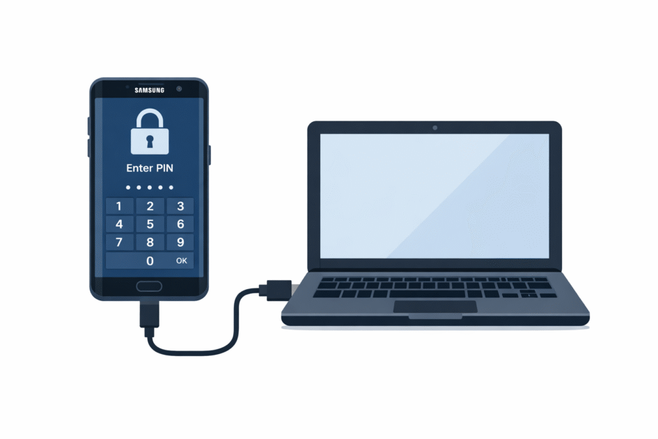 Comment débloquer un Samsung sans perdre ses données Smartphone Samsung verrouillé connecté à un ordinateur pour déblocage sécurisé