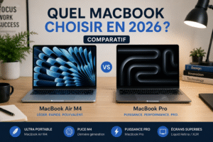 MacBook Air M4 et MacBook Pro côte à côte sur un bureau, comparatif des deux gammes