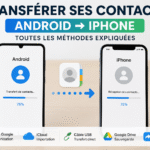 Smartphone Android et iPhone côte à côte pendant un transfert de contacts