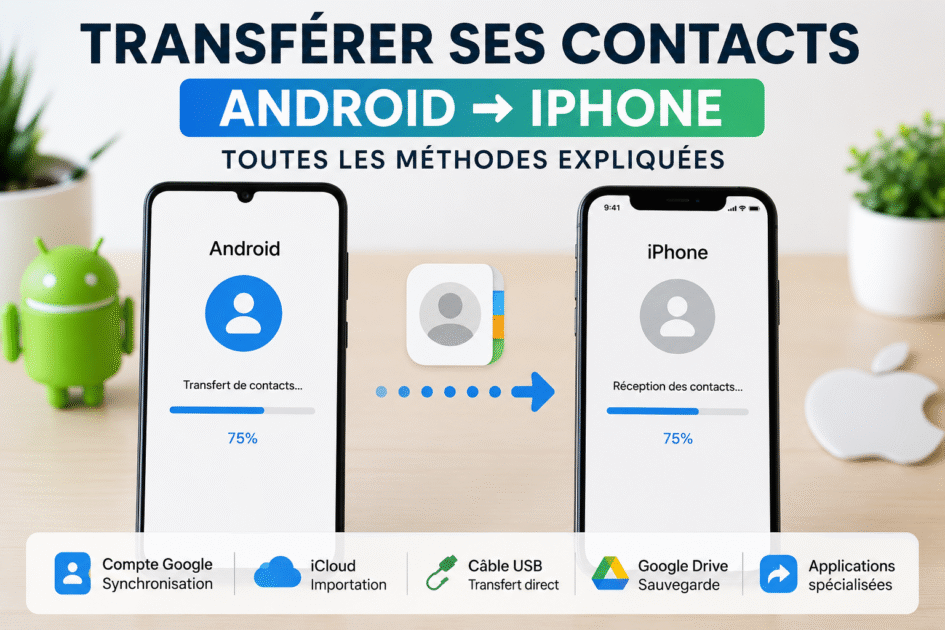 Smartphone Android et iPhone côte à côte pendant un transfert de contacts